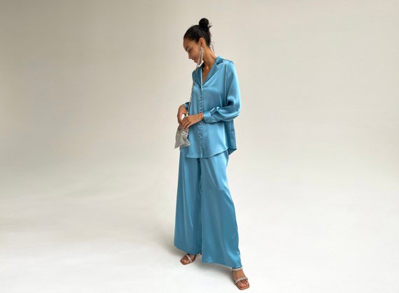 Blue Silk Pant Suit for Women, Satin Two Piece Summer Set, Women's Suit,  Shirt and Trousers, Satin Suit Women, Suit for Women -  Canada