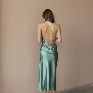 Green Midi Dress, Silk Slip Dress, Olive Bridesmaid Dress, Wedding Guest, Bachelorette Party, Satin Date Dress, Open Back Midi, Cowl Neck image 3