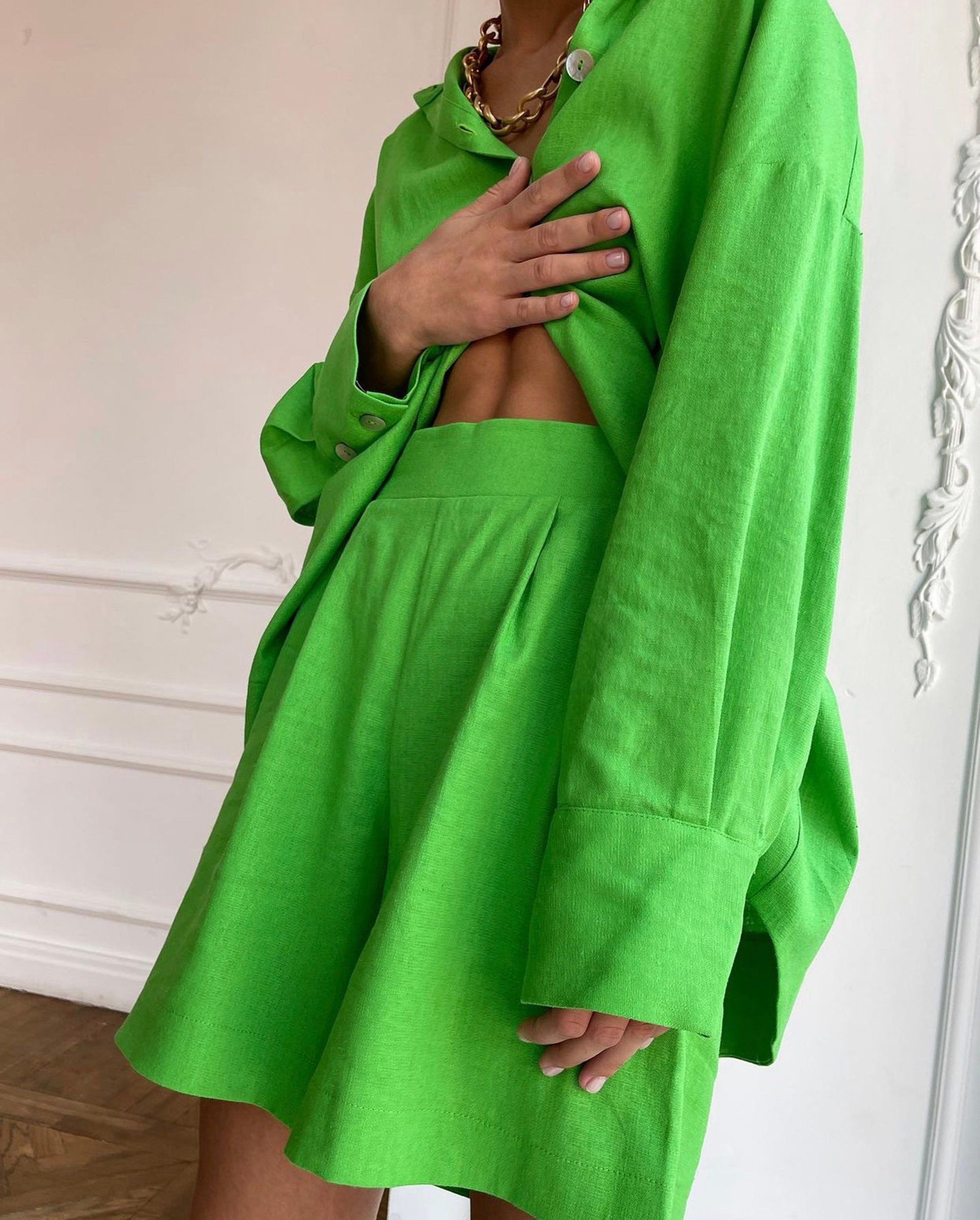 Linen shirt and short Soft linen suit Green linen set Women Etsy