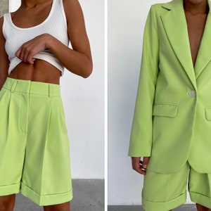 Solid Color High Waisted Shorts 3 Piece Set, Suits For Women, High Waisted Shorts and Oversize Jacket image 3