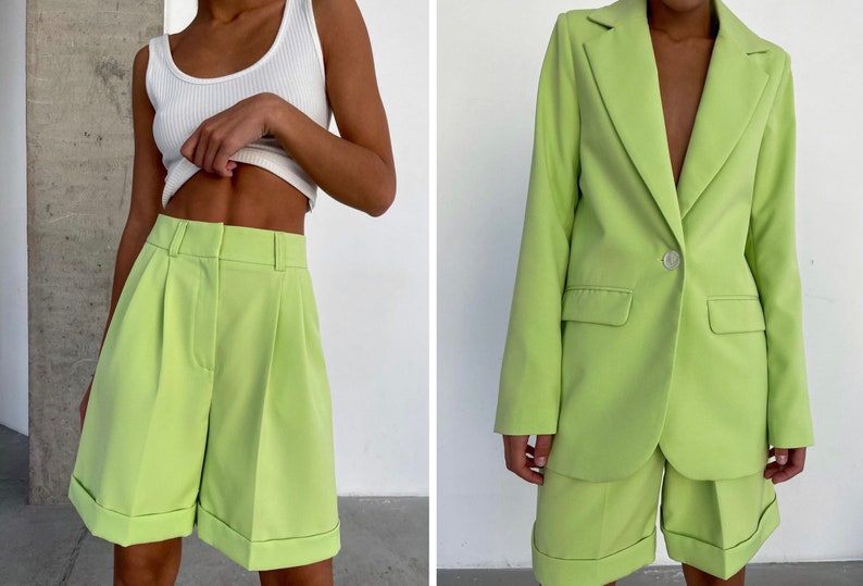 Solid Color High Waisted Shorts 3 Piece Set, Suits For Women, High Waisted Shorts and Oversize Jacket image 3