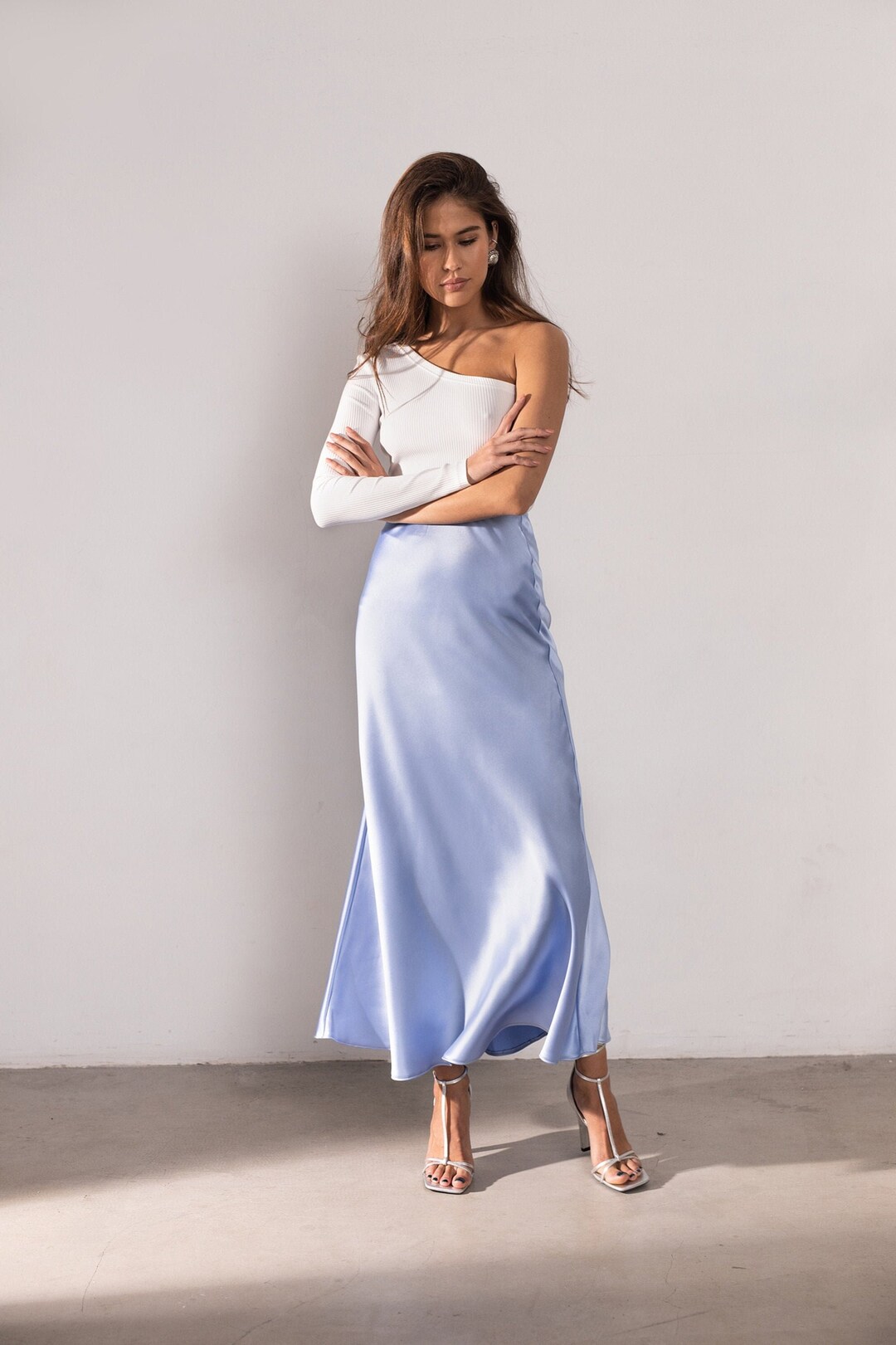 Silk Slip Skirt Blue Silk Skirt Midi Satin Skirt Midi Silk
