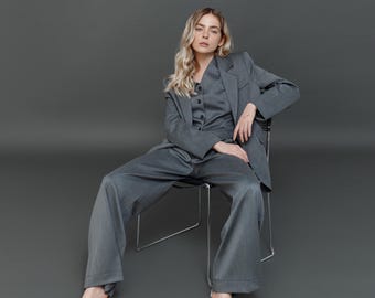 Gray Women's Suit Set, Oversized Blazer & Palazzo Pants (Custom Fit)