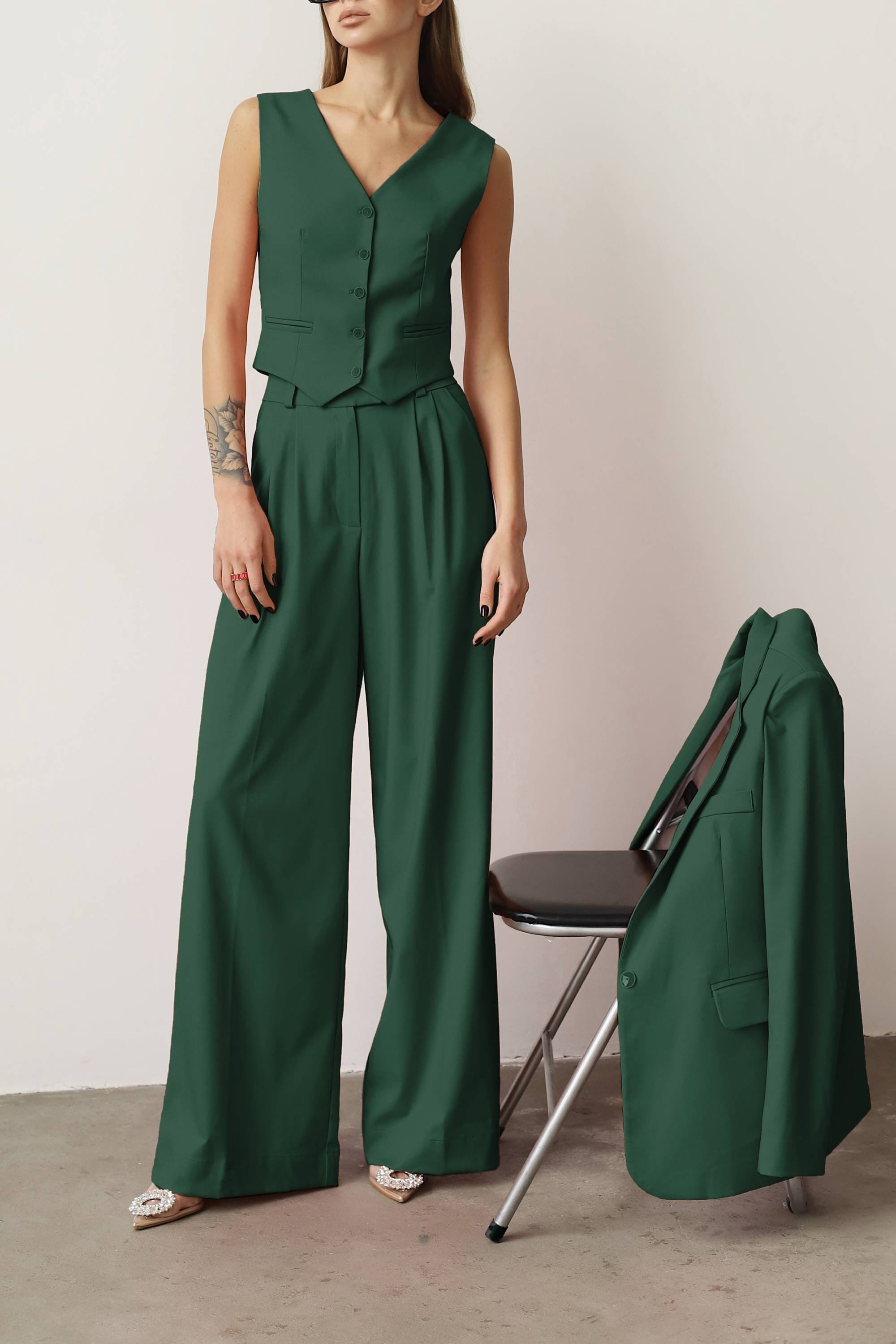 Emerald women's vest, Three Piece Suit, Green Pantsuit, Dark Green Palazzo, Office Set, Formal Wear, Prom Suit, Wedding Guest Set, Oversize