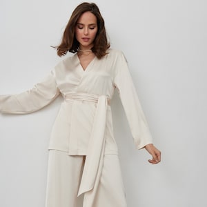 Elegant Two Piece Satin Kimono and Pants Set, Kimono Satin Suite, Silk Kimono, Party Wear, Daily Wear, Suit For Prom