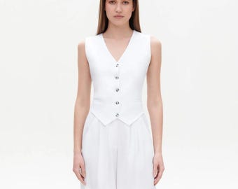 Women's Linen Pants Suit, White Palazzo and Blazer (Custom Tailored)