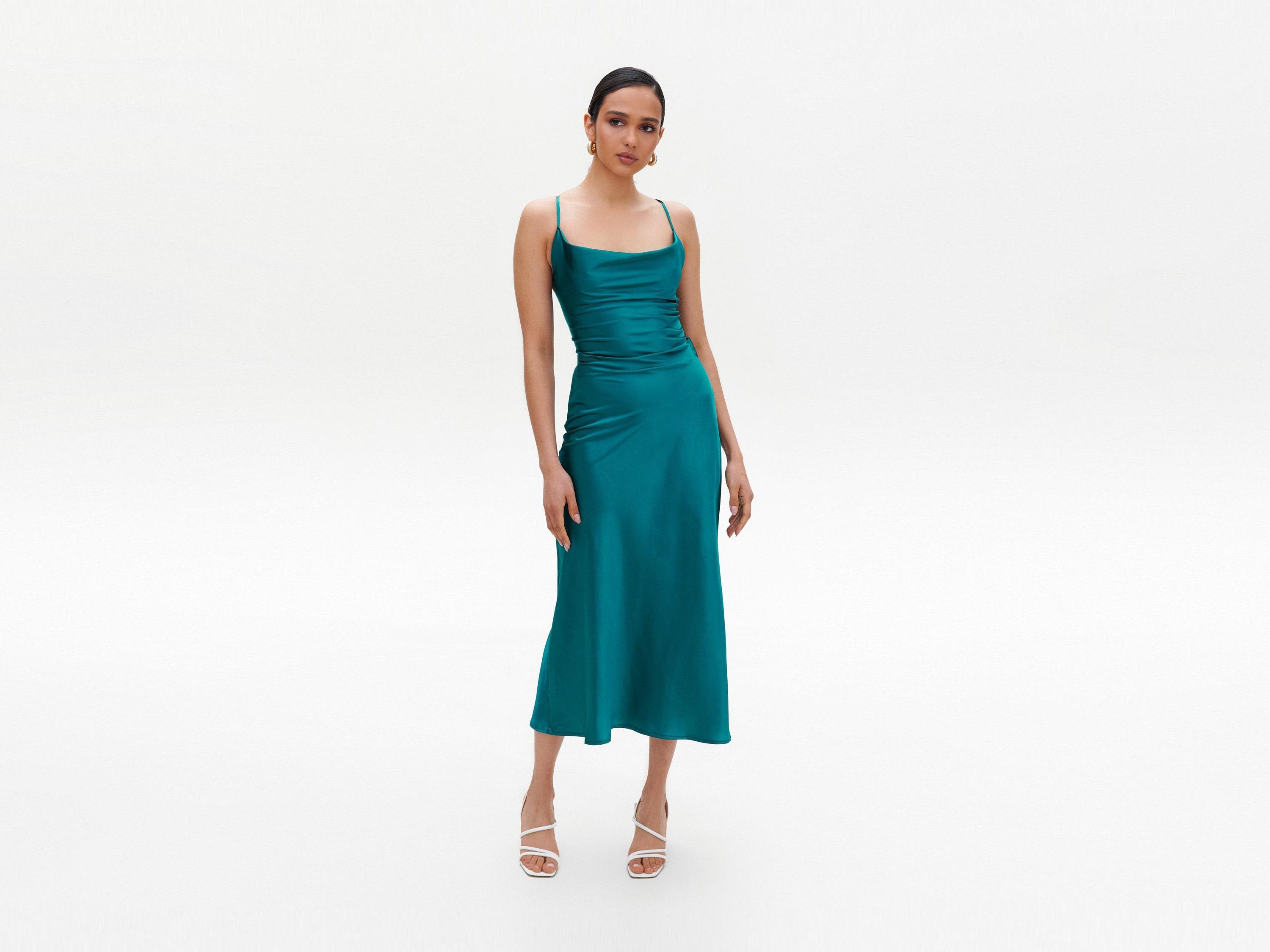 Emerald Green Cowl Neck Satin Dress - Etsy Emerald Green Cowl Neck Satin Dress - Etsy