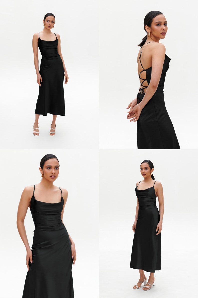 Black Cocktail Dress Evening Dress Black Evening Gown Goddess Dress Silk satin dress bias cut Valentines day dress Slip Mini Dress zdjęcie 10