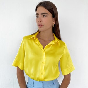 Yellow Silk Blouse, Silk Shirt Women, Yellow Satin Blouse, Silk Satin Blouse, Silk Shirt, Satin Shirt, Yellow Satin Shirt, Yellow Silk Shirt image 3