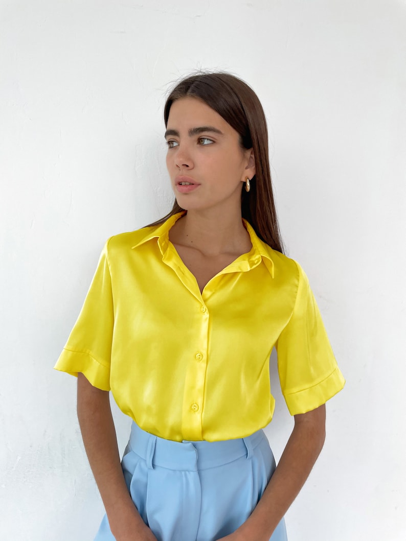 Yellow Silk Blouse, Silk Shirt Women, Yellow Satin Blouse, Silk Satin Blouse, Silk Shirt, Satin Shirt, Yellow Satin Shirt, Yellow Silk Shirt image 3