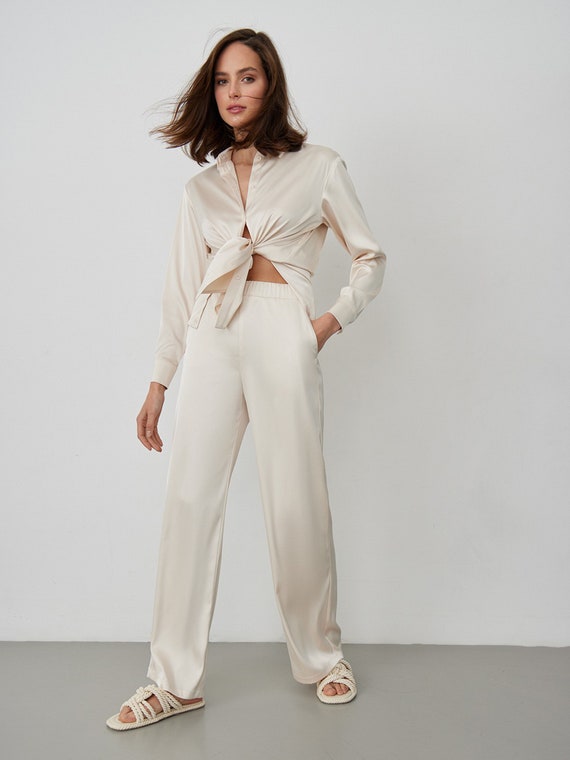 Women White Wide Leg Pants, High Waist Trousers, Elegant Palazzo