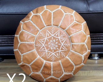 Juego de 2 pequeños pufs otomanos marroquíes de cuero, taburetes estilo bohemio - Sin relleno