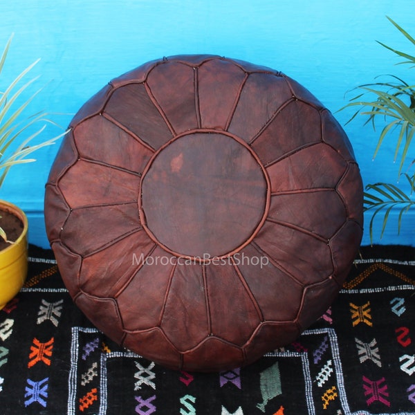 Moroccan Leather Pouf, Ottoman Luxury Footstool, Floor Pouf Dark Brown Color,Moroccan Home Decor,morrocan pouf Handcrafted.