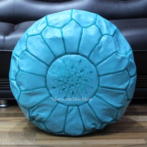 Moroccan Leather Pouf, Ottoman Embroidered Pouffe, Genuine leather Footstool ,Outdoor Round Pouf, Ottoman footrest pouf.