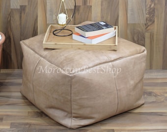 Large Leather Moroccan Pouf, Square Pouf Ottoman, Square Ottoman Pouffe, Leather Pouffe Footstool, Handmade ottoman coffee table