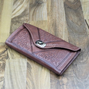 Cartera de cuero para mujer, cartera con monograma para mujer, cartera plegable para mujer, cartera con tarjetero, cartera con llavero para tarjetas de crédito y borla