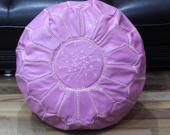 Pink Moroccan Leather Pouf: Handmade Ottoman Footstool