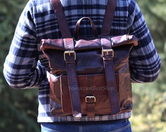 Brown Leather Backpack, Large School Bag, Roll Top Leather Backpack, Travel Backpack, Rucksack unisex .