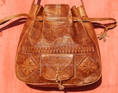 Large Engraved Handmade Moroccan Leather Bag, Natural Dark Color, Boho Bags, Women 39 s Leather Handbag, Large Bucket Bag, Festival Bags