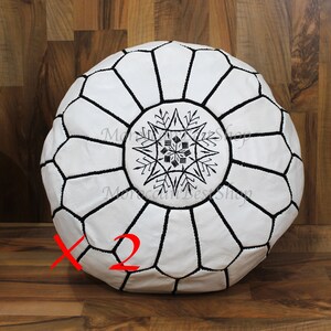 Set of 2: Handmade Moroccan Leather Pouf Ottoman - White with Black Stitching