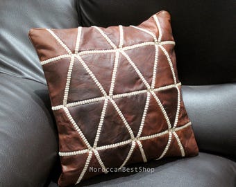 Funda de almohada de cuero marroquí: Cojín decorativo hecho a mano, 16x16