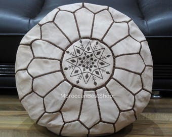 Handmade Moroccan Leather Pouf: Natural Floor Ottoman with Brown Stitching