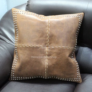 Handmade Brown Leather Pillow Cover: Moroccan Decor