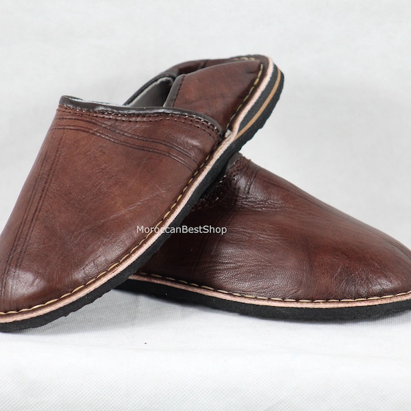 Babouches marocaines marron, chaussons en cuir, babouches berbères unisexes