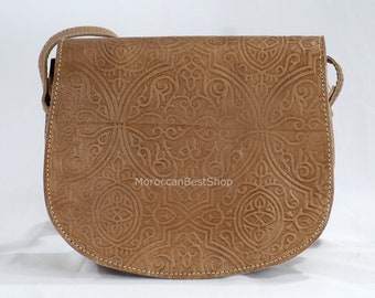 Moroccan Leather Bag For Women, Tooled Leather Crossbody Purse, Boho Shoulder Bag .