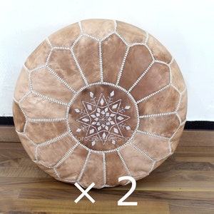 Set of 2 Moroccan Leather Pouf: Handcrafted Ottoman Footstool