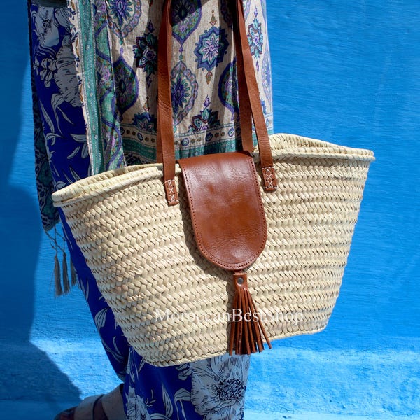 Moroccan Straw Bag: Handwoven Palm Leaf Tote with Leather Handles