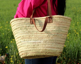 Moroccan Straw Bag With Double Leather Handles, Straw Beach Bag, Shopping Basket, French Basket .