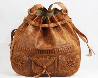 Large Bucket Bag Natural Dark Color Festival Bags Large Engraved Handmade Moroccan Leather Bag Boho Bags Women/'s Leather Handbag