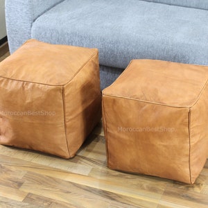 Set of 2 Ottoman Square Poufs, Leather Moroccan Pouf, Square Footstool Pouf , Handmade Stool Pouffe , living room furniture