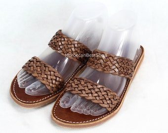 Brown Leather sandals for women, Summer Boho Sandals, Moroccan Braided Leather Sandals.