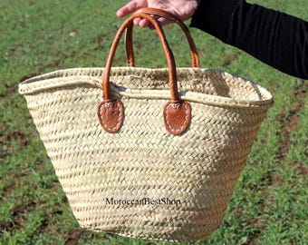 Handwoven Moroccan Straw Market Bag, Natural Palm Leaf, Leather Handles, Boho Tote