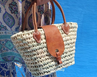 Straw Beach Bag: Small Leather Bag, Moroccan Basket