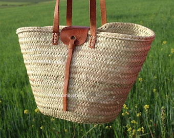 Borsa di paglia con manico in pelle, cestino francese, borsa da spiaggia in paglia, borsa del mercato degli agricoltori, borsa per il cestino della spesa.