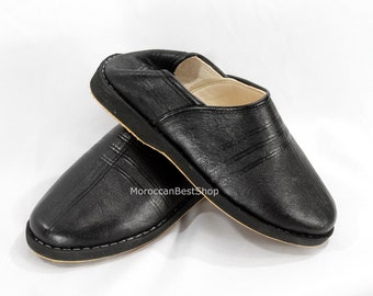 Black Moroccan Babouches, Leather Men slippers shoe, Berber babouche traditional shoes .