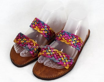 Marokkanische Leder geflochtene Sandalen: Bunte Boho Flache Sandalen