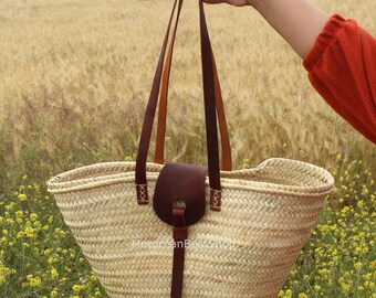 Straw Bag With Leather Handles, Shopping Basket Bag, French Basket, Straw Beach Bag, Farmers Market Bag .