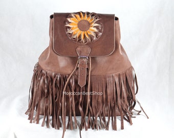 Leather backpack for women, fringe leather bucket backpack, boho Brown Rucksack, Moroccan school bag