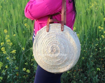 Handwoven Moroccan Straw Market Bag, Genuine Leather Handles, Boho Beach Tote