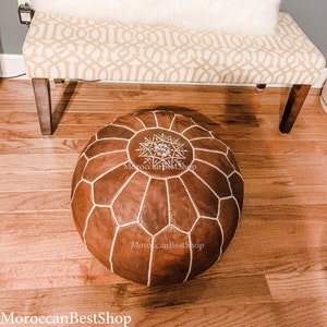 Handmade Moroccan Leather Pouf Ottoman: Tan Foot Stool