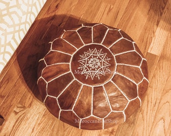 Handmade Moroccan Leather Pouf Ottoman: Tan Foot Stool, Unstuffed
