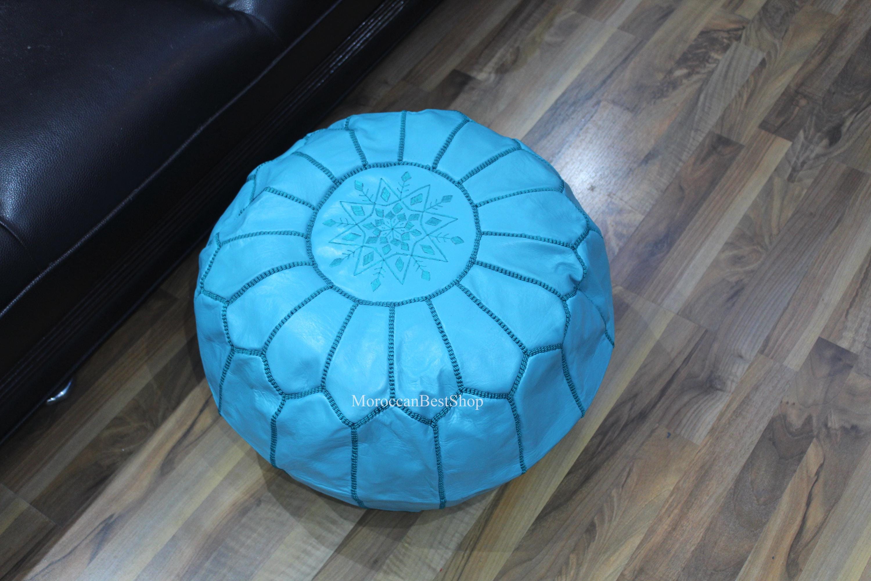 刺繍入りモロッコレザープーフ：ラウンドオットマンフットスツール（20