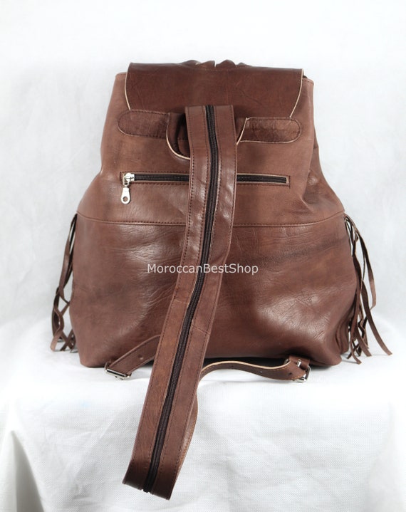 Leather Backpack for Women, Fringe Leather Bucket Backpack, Boho