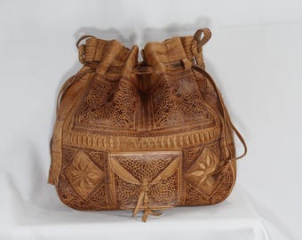 Engraved Moroccan Leather Drawstring Bucket Bag, Boho Hobo Purse