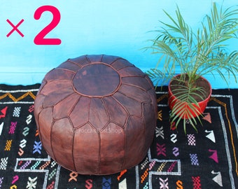 Set of 2 Moroccan Leather Poufs: Round Ottoman Footstools