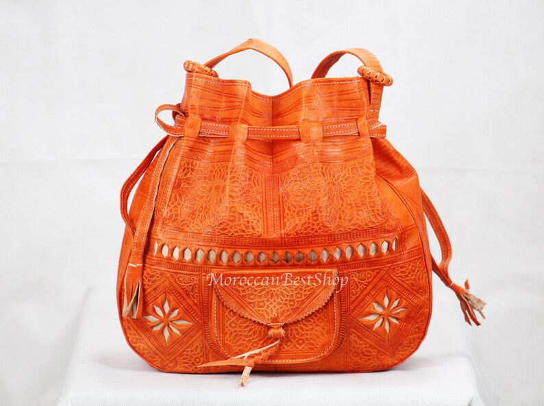 Large Bucket Bag Natural Dark Color Festival Bags Large Engraved Handmade Moroccan Leather Bag Boho Bags Women/'s Leather Handbag
